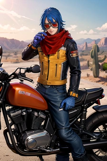 <lora:KrohnenMcdougall-09:0.7> ,k9999, gloves, 1boy, blue hair, male focus, solo, ground vehicle, motorcycle, desert, goggles, tinted eyewear, cactus