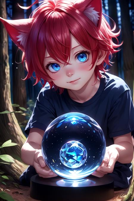 1boy, aki, crimson hair, crimson animal ears, masterpiece, ultra detail, forest, blue eyes, (cute shirt:1.3)
 <lora:CrystalBall_1.0:0.6> crystal ball, night light