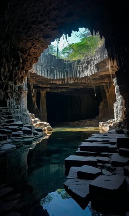 A haunting photograph, capturing the melancholic essence of a legendary grotto glimpsed through the archway of a decaying Harare, the cold light of dusk painting the scene in shades of sorrow, Amidst the ruins, a portal to another world: a mythic cavern shrouded in the gloom of twilight, its contours etched in shadow and frost, a vision of desolation framed by crumbling stone, "Through my lens, I saw it," the photographer whispered, "a cloudpunk fever dream, a grotto of despair caught in the golden spiral, each pixel a testament to the power of the Nikon D850.", In the annals of myth, grottos are often liminal spaces - thresholds between realms. Here, in the interplay of light and shadow, presence and absence, the boundary blurs between reality and dystopian fantasy, Philosophers speak of the sublime - an awe tinged with dread. In this hauntingly composed shot, with its vast depth of field and moody Amaro tones, one senses the weight of ages and the echo of forgotten tales