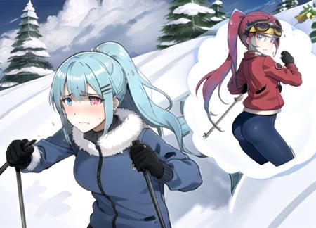 <lyco:flannders-08:0.7> flanders, long hair, blush, short hair, blue eyes, multiple girls, blonde hair, hair ornament, red eyes, gloves, 2girls, blue hair, jacket, ponytail, red hair, black gloves, hairclip, tears, 3girls, tree, goggles, snow, goggles on head, winter clothes, winter, track suit, ass