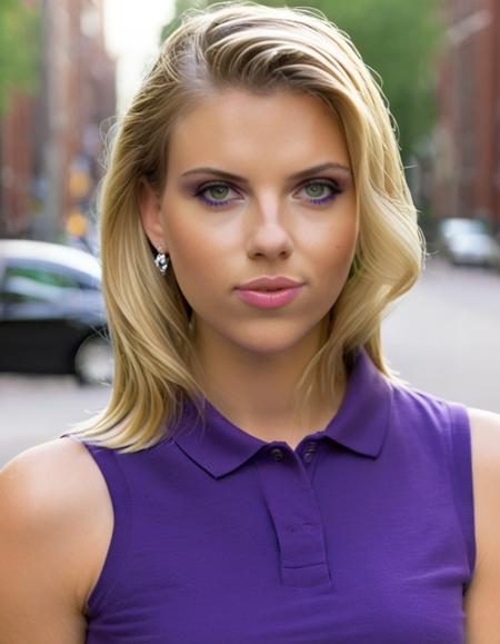 <lora:sc4rj0_SDXL_SGX:1.1>,(medium close-up) photograph of (beautiful 24 year old) (sc4rj0:1.2) woman with blond hair,as a college student,standing on a Boston sidewalk,wearing a purple polo shirt,with her right arm out to hail a uber taxi,fit and tanned,jewelry,lipstick,makeup and eyeshadow,(upper body),professional magazine photoshoot,modelshoot style,face focus,sharp focus,depth of field,facing viewer,rich details,clear shadows and highlights,realistic,highly detailed,