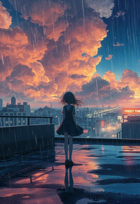 Vertical 9:16 cinematic anime scene, high-detail 4K, in the style of “Weathering with You” key art: a lone girl in school uniform standing on a rain-soaked rooftop at twilight, her hair and skirt caught by a gentle breeze; glowing city lights below reflected in puddles; soft watercolor clouds drifting overhead, tinged with warm orange and deep indigo; shafts of sunlight breaking through rain clouds casting luminous beams; delicate lens flare accents and subtle film grain; emotional, hopeful atmosphere with a hint of magic; hyper-detailed textures on wet surfaces and gentle parallax motion in clouds and distant neon signs