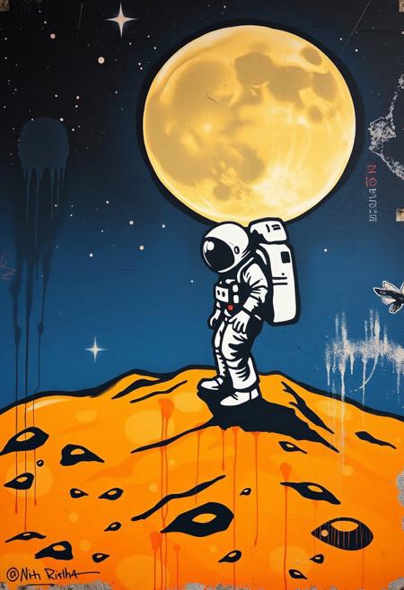 Graffiti art of an astronaut lonely on the moon, street art, spray paint, mural, high quality, highres