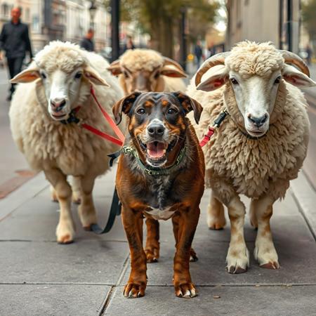 lovely dog leading three sheep by leashes attached to their necks, dog holds leashes in his mouth, on city sidewalk