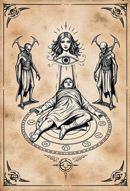 Necronomicon Sketch, a slain, cloaked figure lies on the ground, surrounded by a magic circle, the stylized form of a smiling woman floats over the body, whose clothing forms an eye above it, a figure of death stands to either side of the image, facing away from the slain figure <lora:Necronomicon-10:0.8>