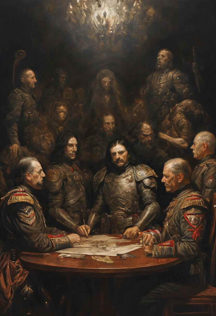 Dark and ominous oil painting, inspired by the lyrics of Black Sabbath's "War Pigs", featuring a group of generals gathered around a table, plotting destruction and chaos. The painting is highly detailed and realistic, with deep shadows and rich colors. It is reminiscent of the works of Rembrandt and Caravaggio. The composition is symmetrical, drawing attention to the center where the most powerful general sits. The lighting is dim, creating a sinister atmosphere. This piece captures the essence of war and its destructive nature through its use of symbolism and realism.