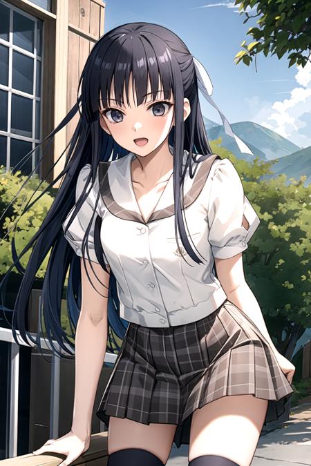 best quality, ultra-detailed, an extremely delicate and beautiful, high resolution, extremely detailed CG, masterpiece,
cowboy shot,
happy,
BREAK,
yosuga, migiwa kazuha, 1girl, solo, long hair, black hair, hair ribbon,  black eyes,
school uniform,serafuku, ,plaid skirt,black thighhighs,
outdoor,
<lora:yosuga_V1_3-000018:0.8>,
bent over,