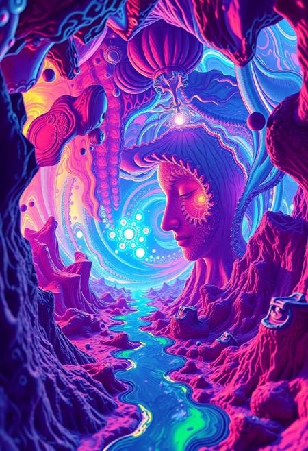 LSD hallucination, Fluorescent vortex, fractal landscapes, melting faces, distorted reality, dreamlike, surreal, hyperdimensional, octane render, Highest-Quality, 8 k, intricate details, visually stunning, Masterpiece