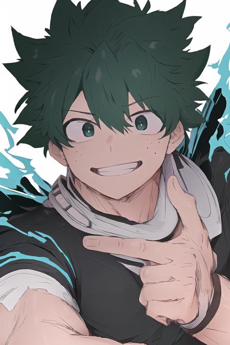 (best quality, masterpiece1.2), detailed,1boy, solo,looking at viewer,simple background,  upper body,
dynamic pose,smile ,     office man, mature male, necktie, muscular male, masculine face1:1,  grin,     ((detailed eyes)),  <lora:mha_midoriya-10:0.9>, midoriya izuku, short green hair, green eyes,  green lightning,
 <lora:Mdf_anStyle-20:1>