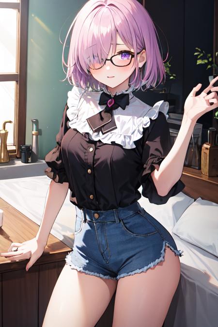 mash kyrielight,hair over one eye,  blush,  purple eyes, solo, 1girl, short hair, glasses, light purple hair, blouse, shorts <lora:mash_kyrielight:1>