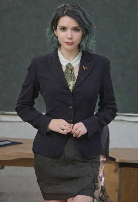 1girl, solo, (Masterpiece, hyperrealism) teacher, realistic skin, (looking at camera, classroom, formal attire, standing pose, wearing buttoned blouse:1.2, wearing dark blue blazer:1.2, wearing frilly skirt above the knee, wearing black stockings, young figure), fit body, ((curled hair, short hair, green hair)), highly detailed background, ultra high resolution, 4k uhd