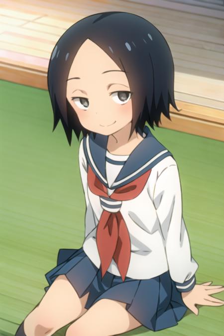 1girl, sanae_tsukimoto, black hair, short hair, black eyes, forehead, school uniform, sailor collar, serafuku, sitting, smile  <lora:sanae_tsukimoto:1>