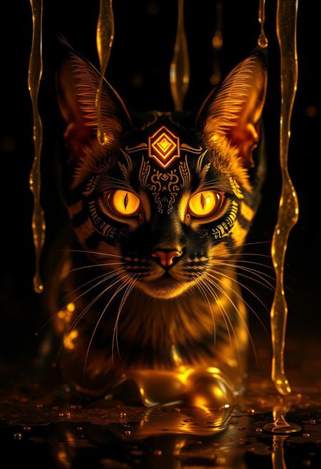 "Create a photorealistic image of a majestic cat with gold Egyptian face paint, glowing warm and bright in the darkness. The face paint should be intricately detailed, with delicate hieroglyphics and patterns that seem to shimmer and shine. The image should be cast in a dark, velvety blackness, with the only light coming from the glowing face paint. Gold liquid should be pouring down all around the cat, as if it's being bathed in a river of molten gold. The liquid should be rendered in exquisite detail, with subtle ripples and reflections that add to the sense of luxury and opulence. The cat's eyes should be piercing and bright, shining like jewels in the darkness. The overall effect should be one of breathtaking, majestic beauty, as if the cat is a living, breathing work of art." Highest-Quality, 4k, intricate details, visually stunning, Masterpiece