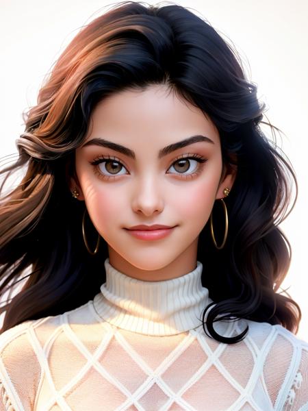 Realistic photo of a beautiful c4m1l4m woman, 1girl,solo,long hair,looking at viewer,smile,simple background,black hair,white background,brown eyes,jewelry,closed mouth,upper body,earrings,sweater,lips,turtleneck,realistic,stud earrings, soft lighting, professional Photography, Photorealistic, detailed, RAW, analog, sharp focus, 8k, HD, high quality, masterpiece<lora:c4m1l4m:1.0>