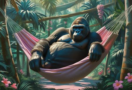 Masterpiece, best quality, good quality, very awa, very aesthetic, absurdres, newest, cinematic scene. A luxurious and vibrant maximalist oil painting featuring a sleepy BIG male Silverback Gorilla sleeping in a BIG pink hammock hanging from palm trees in the jungle. The background showcases an emerald green tropical jungle surrounded by lush tropical plants and flowers in vivid colors in shades of pink, teal, and green inspired by maximalist design aesthetics. The BIG male Silverback Gorilla is depicted with lifelike fur texture, peacefully resting amid the opulence. The scene is highly detailed, with rich textures and layers, evoking a sense of decadence and comfort. , by Mike Winkelmann, by Sam Yang and Kode Abdo and Wenqing Yan and Pascal Campion, dreamy athmosphere, ethreal background, highly detailed oil painting, hyperdetailed, epic scale, epic composition, post processed 4k, Octane render, trending on artstation, hyper detailed photo-realistic maximum detail, cinematic epic character + rule of thirds, Depth of Field. Adding depth to the composition, High resolution, high detail. Highly detailed. Wide Shot, Cinematic Lighting, <lora:c»ªa¿ cµa½±a§c§:0.8>, <lora:xl_more_art-full_v1:0.3>