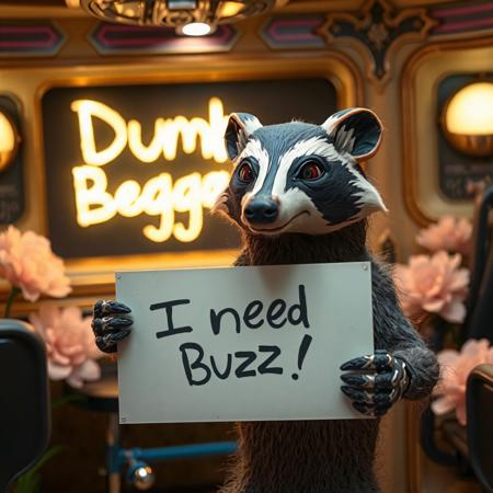 masterpiece, intricate photo, realistic outer space alien animal grinch badger holding a white sign on which is written "I need Buzz!", background interior of a spcecraft, giant alien flowers at the walls, in the background is written in neon letters "Dumb Buzz Beggar", hyper realistic, highly detailed, sharp focus, crepuscular lights in the background, dawn of technology, dark art, gothic art, cyberpunk style, best quality, high resolution, colorful, vibrant colors, cozy indoor lighting, 8K, easypositive, highy quality image, no wrong proportions