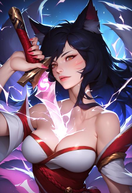 human scabbard holding, holding weapon, holding sword, electricity, cleavage
