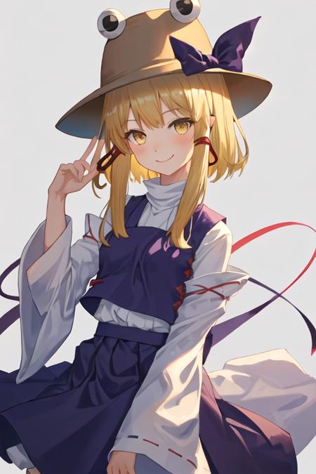 best quality, masterpiece, highres, solo, {moriya_suwako_touhou:1.15}, blonde_hair, hat, ribbon, hair_ribbon, vest, smile, yellow_eyes, bangs, red_ribbon, brown_headwear, purple_vest, sidelocks, short_hair