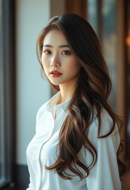 In a captivating scene, there stands a beautiful and young Korean woman. She has long, flowing hair and is dressed in a white shirt, exuding an air of elegance. Resembling a popular Korean idol or a leading actress, she showcases the latest in Korean women's fashion. Her face is adorned with the trendy and popular South Korean makeup, enhancing her already charming features. With a resemblance to the renowned Song Hye-kyo, she appears like a cinematic goddess in a close shot, captivating all with her undeniable beauty and charm.