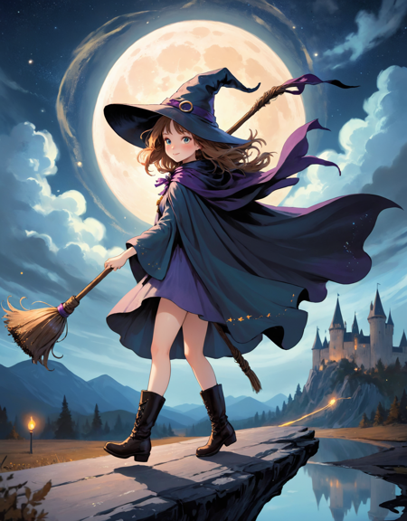 fantasy, flying, broom, night sky, outdoors, magic, spells, moon, stars, clouds, wind, hair, cape, hat, boots, broomstick, glowing, mysterious, enchanting, whimsical, playful, adventurous, freedom, wonder, imagination, determination, skill, speed, movement, energy, realism, naturalistic, figurative, representational, beauty, fantasy culture, mythology, fairy tales, folklore, legends, witches, wizards, magical creatures, fantasy worlds, composition, scale, foreground, middle ground, background, perspective, light, color, texture, detail, beauty, wonder.