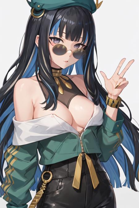 best quality, masterpiece, highres, solo, {tlaloc_fgo:1.15}, bangs, black_hair, blue_hair, multicolored_hair, long_hair, hat, breasts, jewelry, sunglasses, streaked_hair, black_eyes, 1girl, hair_ornament, looking_at_viewer, headdress, bare_shoulders, blush, blunt_bangs, simple_background