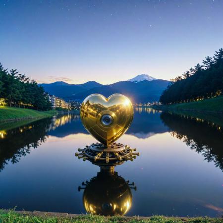 (designed by Hayao Miyazaki:0.7) and (Akira Toriyama:1.1) , anime key visual, Golden ratio, eye-level shot of a Robotic Welcoming ("We are all fools in love.":1.3) , from inside of a Aesthetic Quito, crowded lake and Perseid meteor in background, at Blue hour, FOV 90 degrees, Ultra Real, Flustered, Tonalism, Lens Flare, 80mm, Calotype, League of Legends Splash Art, gilded technique, Unsplash, most beautiful artwork in the world