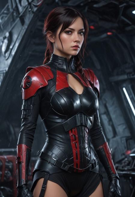 Beautiful sinister Dark Sith girl, Intricately Designed dark sith tight black-red combat Dress, Star Wars style, Standing aboard an Imperial Destroyer, realistic red eyes, wavy black hair, Sensual female curves, perfect athletic figure, beautiful perfect detailed pupils, wet oily shiny skin,  beautiful firm Breasts, defiant and seductive, high contrast, colorful polychromatic, ultra detailed, ultra quality, CGSociety fighting stance, Cinematic Lighting, intricate, smooth, sharp focus digital painting, Asymmetrical Balance, hyperdetailed painting, dynamic lighting, complex, head and full body portrait, 8k resolution concept art portrait by Greg Rutkowski, Attractive, Atrractive 21 years old woman, Attractive bust girl