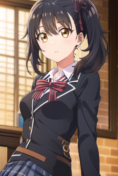 hasukikomai, <lora:hasuki komai s1-lora-nochekaiser:1>,
hasuki komai, (black hair:1.5), ribbon, (brown eyes:1.5), hair ribbon, side ponytail,
BREAK bow, school uniform, jacket, striped, bowtie, black jacket, blazer, striped bow, striped bowtie,
BREAK indoors, classroom,
BREAK looking at viewer, (cowboy shot:1.5),
BREAK <lyco:GoodHands-beta2:1>, (masterpiece:1.2), best quality, high resolution, unity 8k wallpaper, (illustration:0.8), (beautiful detailed eyes:1.6), extremely detailed face, perfect lighting, extremely detailed CG, (perfect hands, perfect anatomy),