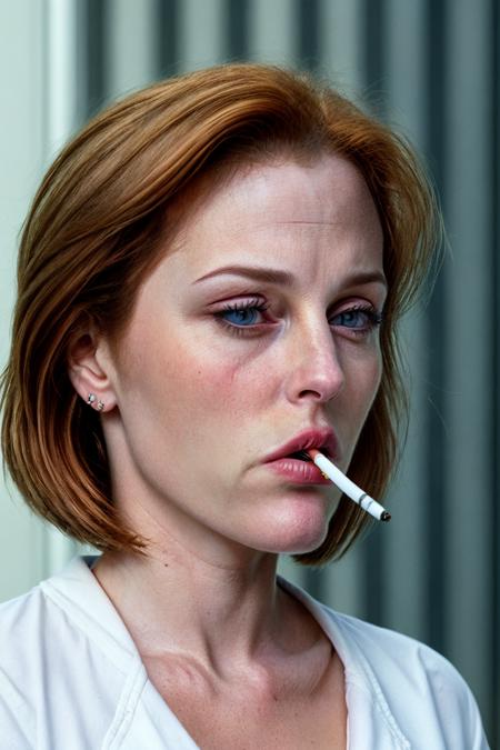 scullys5, looking at viewer, 8k, highly detailed, realistic, ciginmouth, side profile,
 <lora:DanaScully-S5-SD:0.5> <lora:ciginmouth:0.6>