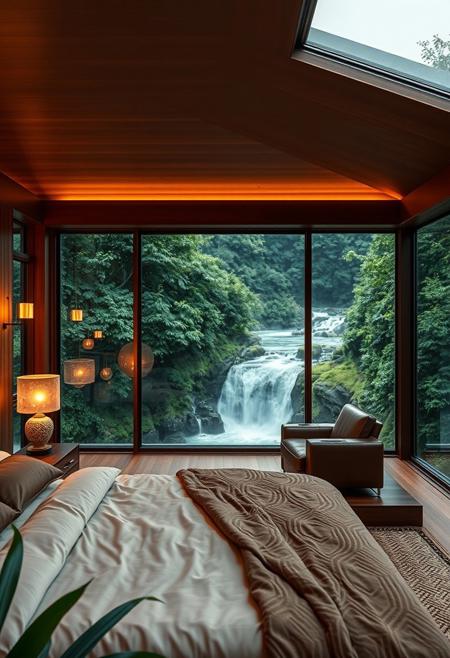 An ultra modern bedroom scene situated over the top edge of a waterfall, edge of the river just before the water cascades down to the valley below,
 lush green tropical forest, bedroom is furnished in lush brown leather tones, rich wood, clean modern glass lamps with warm inviting lighting, large windows let in natural light and provide a stunning view