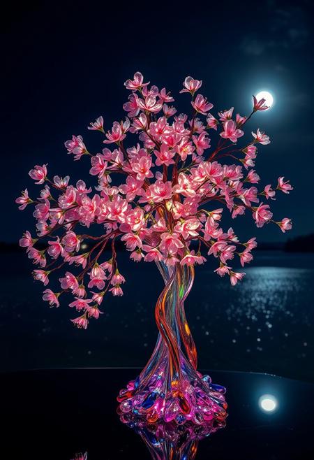Glass cherry blossom tree, made of glass, completely transparent, reflective iridescent surface, glass art, colorful, translucent, night, A huge lake reflecting the moonlight, Cherry blossoms glow faintly, 
best quality, sharp focus, high contrast, colorful, ultra quality, 8k, best quality,