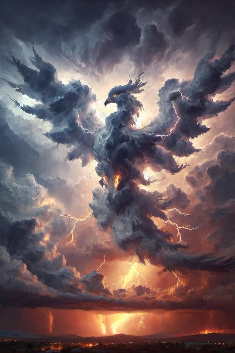 A majestic eagle with fiery eyes and wings, standing on a cloudy sky with lightning bolts.