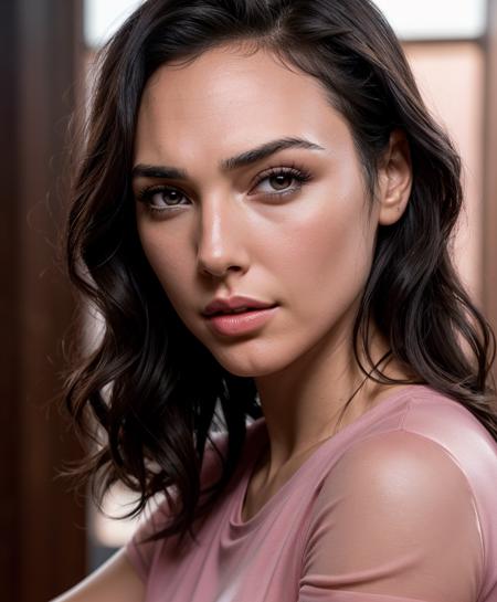 a photo of gal gadot, hair black, beautiful face, photo,8k,sharp focus,beautiful woman,close up, pink red shirt,(detailed eyes:0.8),(looking at the camera:1.4),(highest quality),(best eyeshadow),brown eyes,rim lighting,two tone lighting,dimly lit,low key,intricate details,interior,