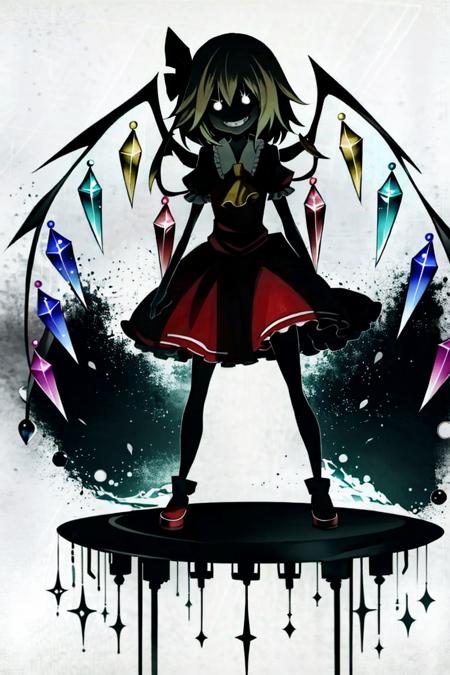 <lora:deemoArtstyle:0.8>, deemoArtstyle, 1girl, solo, blonde hair, standing, deemo, flandre scarlet, (grin), silhouette, masterpiece, best quality,