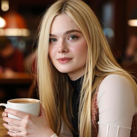 young woman e11ef@nn!ng, long blonde hair, closeup, cozy coffee shop, cups of coffee, 8k, ultra realistic, Fujifilm X3