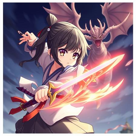 ((Top Quality, 8k, Masterpiece: 1.3)), (Photos, real:1.5), 美女、idol, imouto, kawaii, ((petite)), ultra-detailed face, students, unkempt black hair, armed clothes, skirt, ultra-detailed eyes, (soft), ((petite)), (((A fighter jumping high in the air, preparing to strike))), ((Fiction, A dragon flying over a castle, battling a brave Magical girl with a glowing sword)),  close-up, professional photograph,