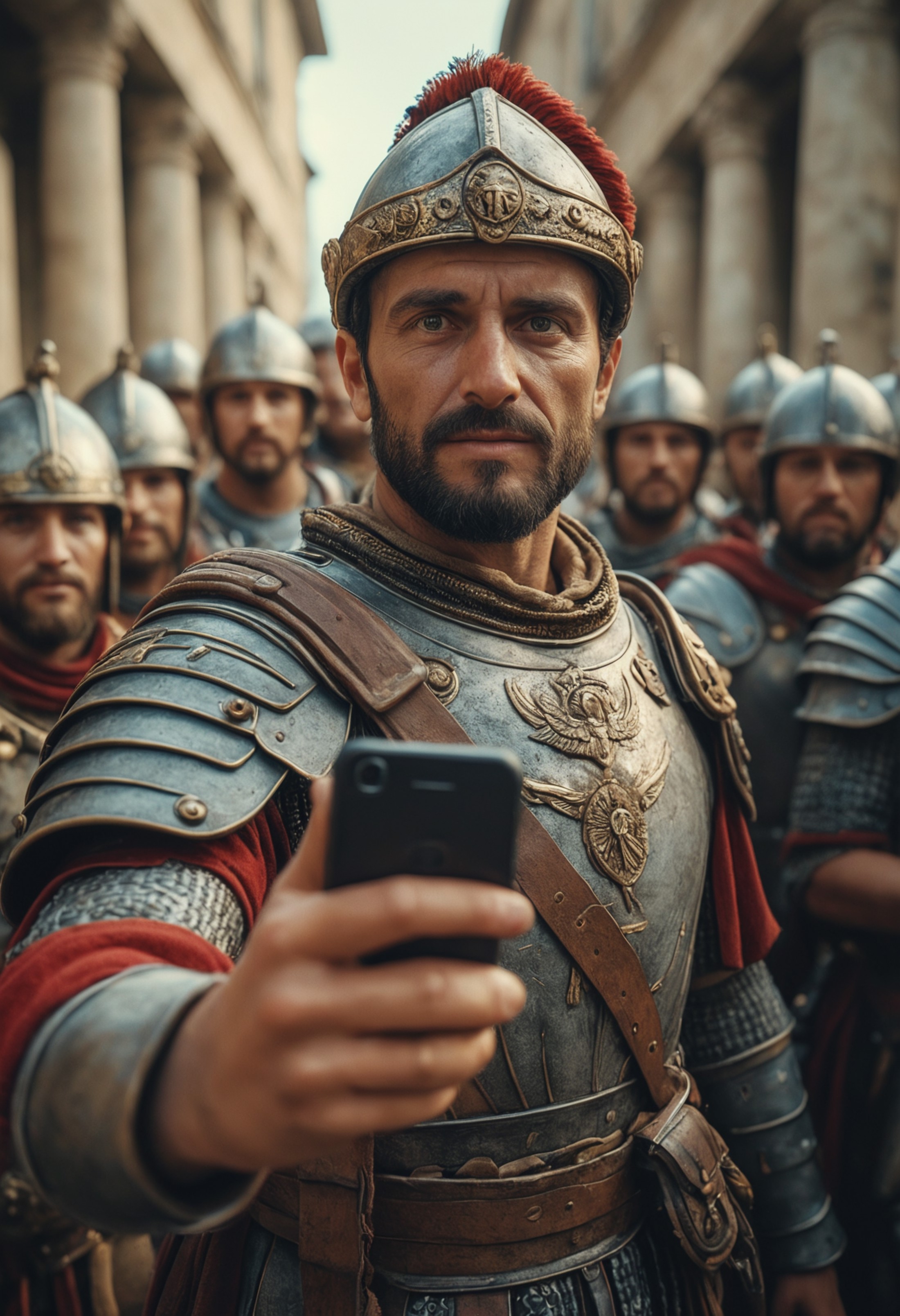 A Roman soldier in ancient times, taking a selfie on a cell phone with his friends, Cinematic film still, shot on v-raptor...