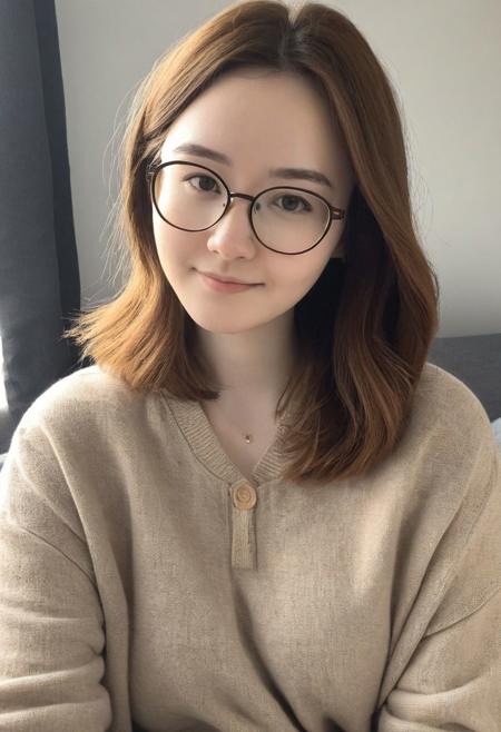 instagram photo, photo of 18 y.o cute sexual virgin girl young face, geek innocent, name Chloe in nude,naked. huge gigantic breasts, very low cleavage make her tits topless, huge saggy jugs, very wide thick hair, pale skin, (smile:0.4), natural indoor light, braless, glasses, weight of this women is really slim, arround 10 kg but have very huge boobs,