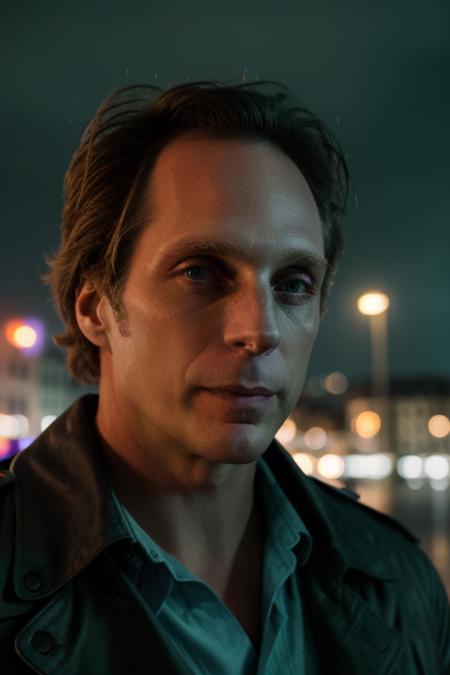 f1ch7n3r, upper body portrait, piercing eyes, detective trench coat, downtown at night, overcast, rainy city, green blue cinematic color grading