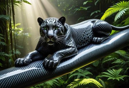Highly detailed photographic image of a jaguar with incredibly intricate black carbon fiber "fur" resting on a large tree branch in the rainforest. The photorealistic natural forest surroundings an ironic contrast to details of the futuristic jaguar's woven carbon fiber coat, showcasing its distinctive beauty and muscular build in the woven strands. The rainforest environment should be lush and vibrant, filled with a variety of green foliage, exotic plants, and dappled sunlight filtering through the canopy above. Incorporate dramatic lighting to enhance the atmosphere, creating a sense of depth and intrigue. Include subtle elements such as mist or gentle rain to add to the mood, while ensuring the surreal carbon fiber jaguar remains the focal point of the composition. (Highly cinematic scene with natural surroundings; highly focused detail on the subject; beams of sunlight reflecting on the animal's unique carbon fiber fur; masterpiece scene; dramatic composition, 4k resolution, finely detailed texture)