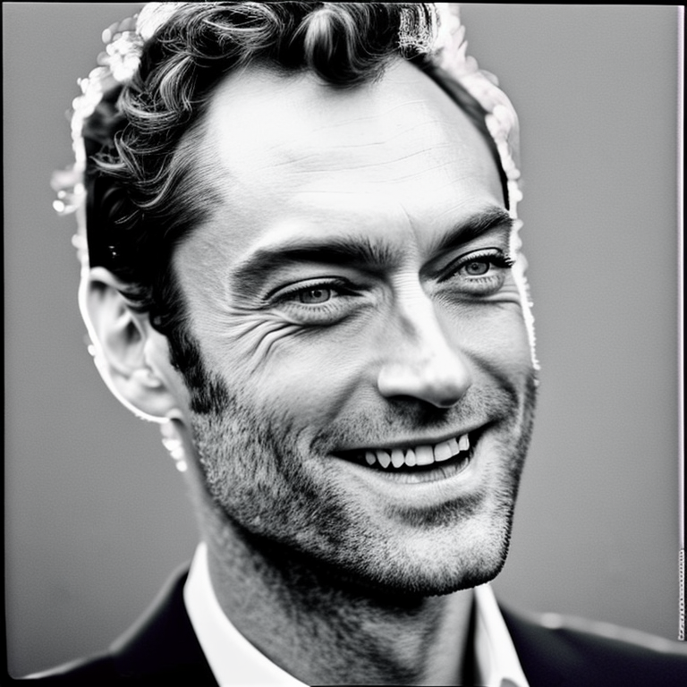 A close up glamour photograph of (Jude Law)  smiling for the camera studio lighting gradient background clear face pale (r...