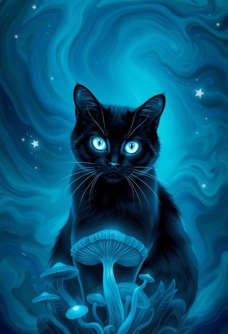 Highly detailed glowing blue ethereal ghost like almost see-through black cat with glowing white eyes.  Swirling background composed of rich blues, teals, and purples, suggesting a mystical with cosmic stars environment. The backdrop appears almost liquid, with the colors merging and flowing into one another, creating a dreamlike, ethereal atmosphere. Below the cat, abstract, mushroom-like forms and organic shapes emerge, enhancing the otherworldly feel of the image. The cat’s bright, piercing eyes draw attention, making it the focal point of this enchanting and mysterious scene, as if it exists within a magical or alternate dimension.