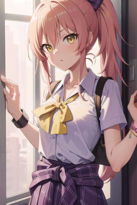 mikajougasaki, <lora:mikajougasakitest:1>, mika jougasaki, hair bow, long hair, pink hair, (yellow eyes:1.5),
BREAK badge, bow, bowtie, button badge, clothes around waist, collarbone, collared shirt, diagonal-striped bow, gyaru, high ponytail, jacket, jacket around waist, jewelry, kogal, plaid, plaid skirt, purple bow, purple bowtie, purple jacket, purple skirt, ring, school uniform, shirt, simple background, single wrist cuff, skirt, sleeves rolled up, white shirt, wing collar, wrist cuffs,
BREAK looking at viewer,
BREAK classroom,
BREAK <lora:GoodHands-vanilla:1>, (masterpiece:1.2), best quality, high resolution, unity 8k wallpaper, (illustration:0.8), (beautiful detailed eyes:1.6), extremely detailed face, perfect lighting, extremely detailed CG, (perfect hands, perfect anatomy),