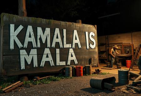 Create an image of a large, decaying wooden sign that reads “KAMALA IS MALA” in faded, roughly painted letters. The sign appears weathered, with mold, moss, and splintered wood giving it a neglected, ominous feel. In the background, set up a chaotic, makeshift backyard resembling a rundown meth lab. A few rugged redneck characters, dressed in worn-out, dirty clothes, are busy with rusty equipment and improvised setups. The area is cluttered with scattered debris, oil barrels, and old machinery. The lighting is dim and gritty, casting heavy shadows to emphasize the grungy, disorganized environment.