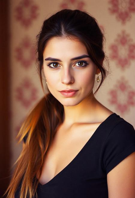 An armenian woman with brunette hair in a long ponytail with golden purple and orange tips,  ,portrait shot from the front, 85mm, velvia. The photo should be extremely detailed, and in RAW photo format. 44d bust, boob focus, 1993, 90s home video, nostalgic 90s photo, taken with kodak disposable camera