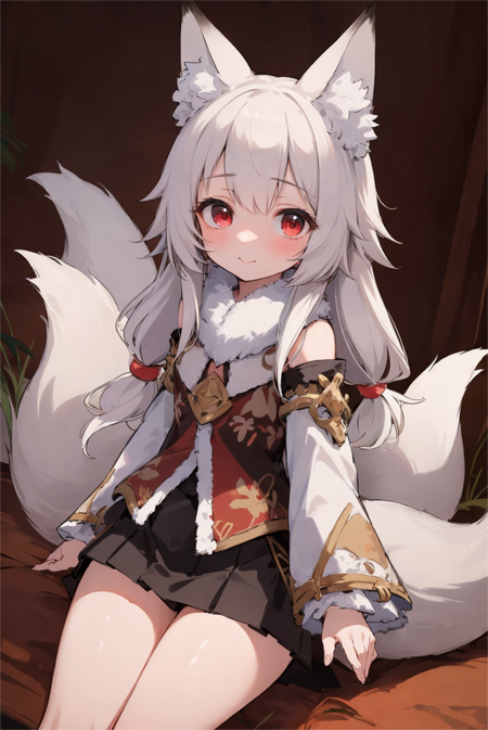 (Petite)1girl,red eyes,fox ears,fox tail, animal ear fluff, white hair, black skirt,white fur trim