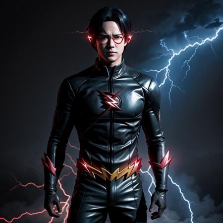 anime artwork of  <lora:The Flash SD1.5:1.2>
The Flash a man in a black suit with lightning coming out of his chest, anime style, key visual, vibrant, studio anime,  highly detailed