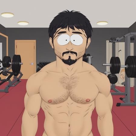 man, shirtless, muscular, in the gym, black hair, upper body, cartoon, south park style<lora:South Park Style:0.65>