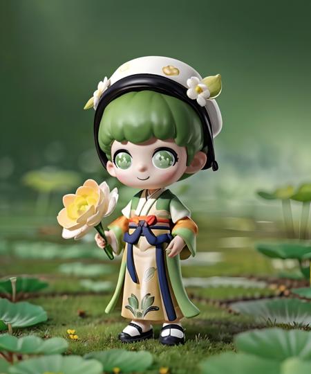 A cute little girl with dark green curly hair and big eyes, wearing gorgeous green hanfu, smiling, wearing a classical chinese hat with a classical chinese embroidery pattern, holding a dark fan in her hand, blooming with lotus flowers and green lotus leaves, Discursive 4D, background, rich collyle, lighting glean, pixar style, cartoon, imaginative, vibrant, ultra-high resolution, ultra-detailed, 8k