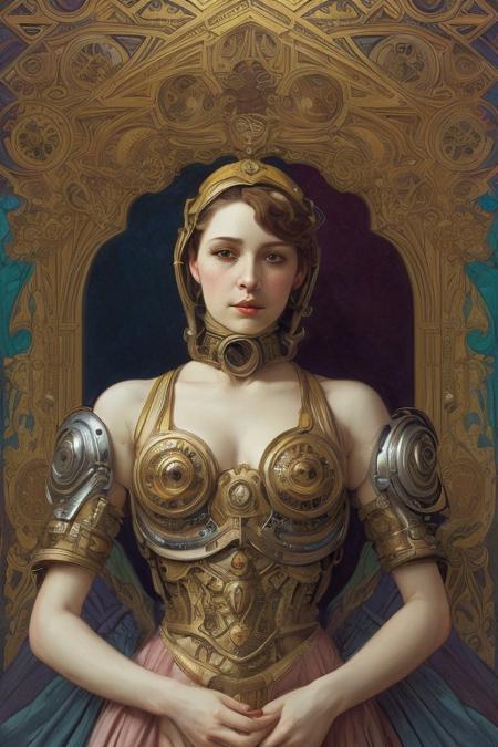 Cyborg android, fantasy, pre-raphaelite style, sinozick, Alphonse Mucha, Agostino Arrivabene, Peter Mohrbacher